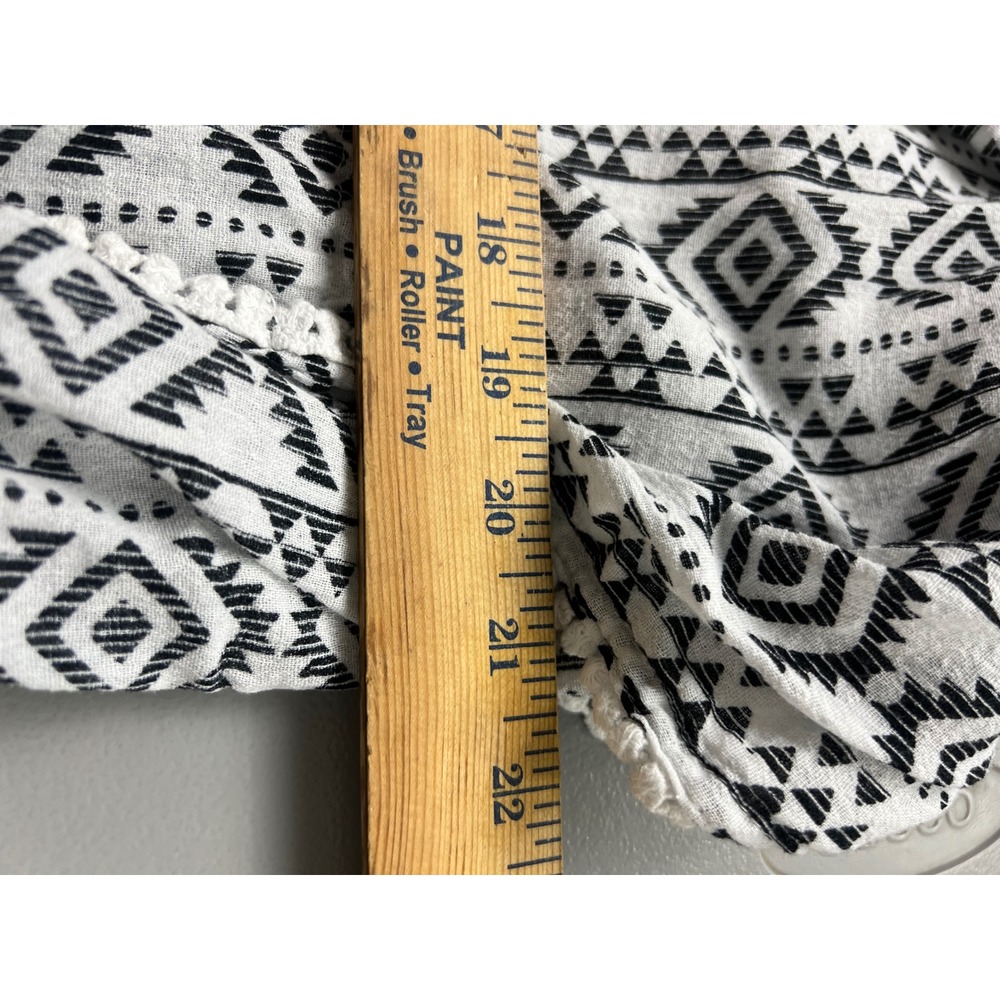 Geometric Tribal Print Kaftan Top Black White Pom Pom Trim Open Back Large - Picture 3 of 7